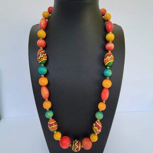 Chunky Statement Vibrant Colored Polished Wooden Bead Necklace Hook Clasp 24"
